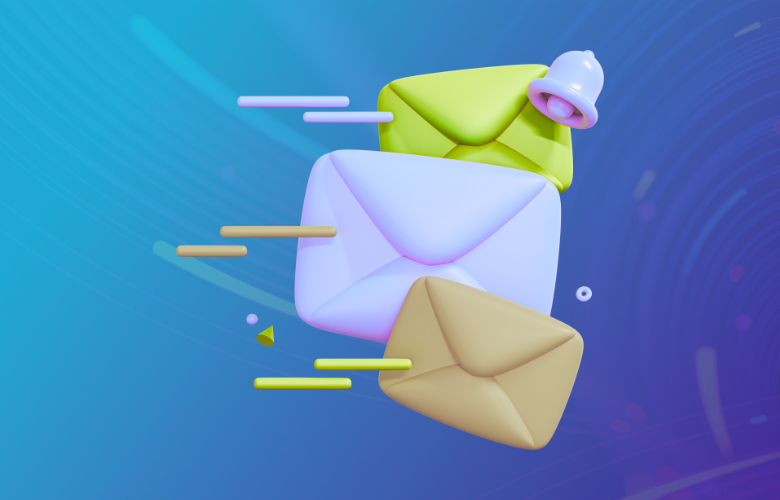 3D envelopes and a notification bell icon on a blue, abstract digital background.