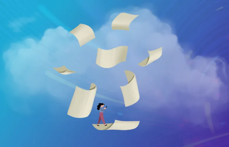 A person stands on a floating paper, pondering why landing pages are beneficial, sheets swirling.