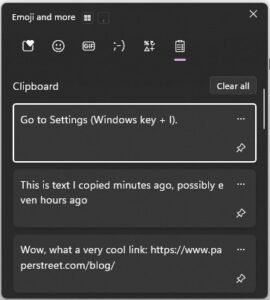 Clipboard history screenshot from Windows, dark theme