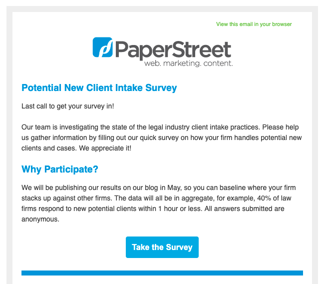 Example of an intake survey email for campaign interactivity.