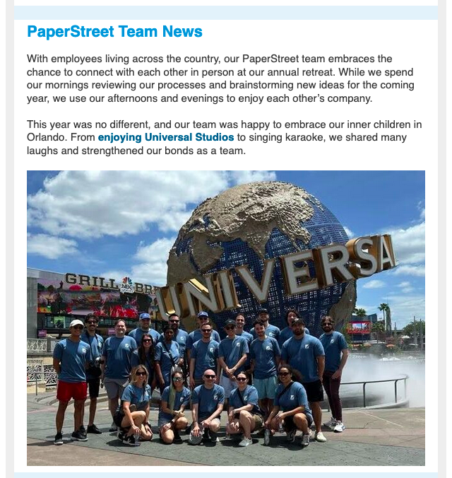 Example of PaperStreet as a brand/team at Universal Studios.