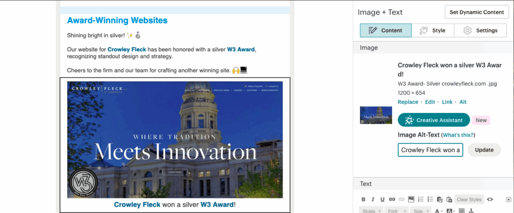 Example of showing the back-end of creating a newsletter and ensuring accessibility.