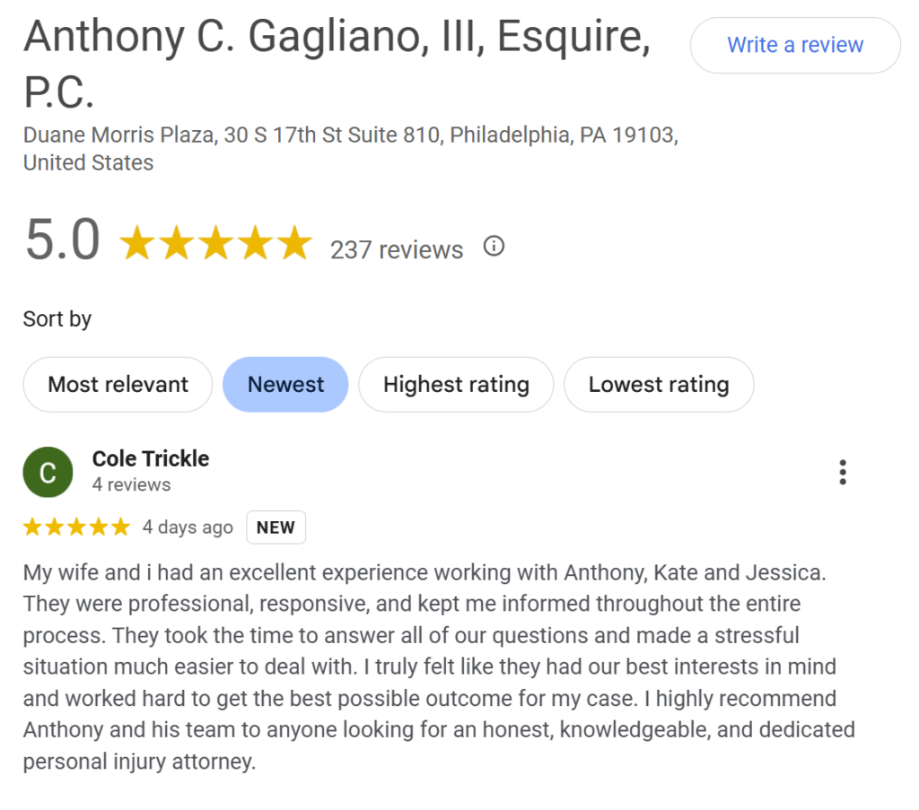 An example of a recent testimonial for a law firm website on Google.