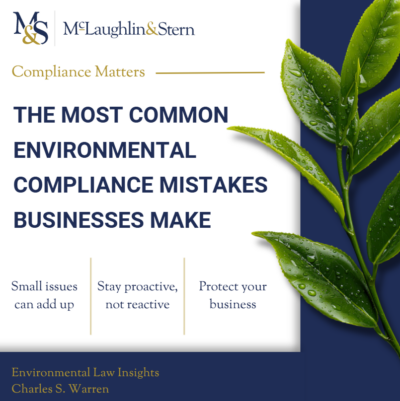 Environmental compliance graphic with business tips and green leaves on a blue and white background.