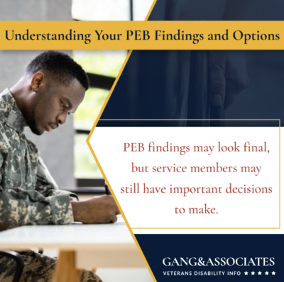A service member in uniform writes at a desk beside text about PEB findings and decisions.