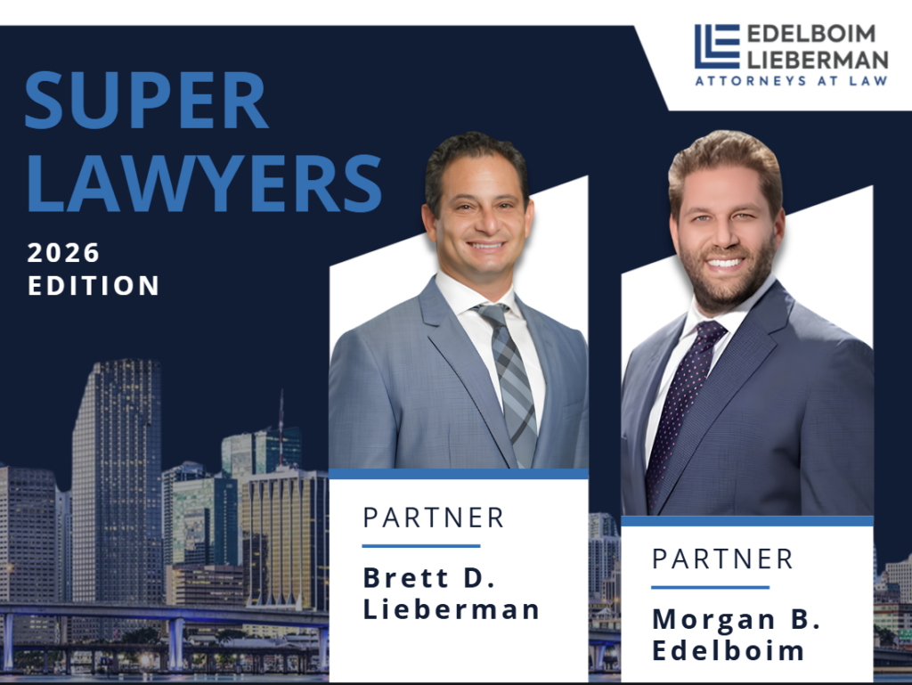 Two lawyers in suits are featured as “Super Lawyers” above a cityscape background, 2026 edition.