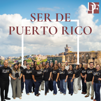 A group of people stand in front of a cityscape with the text “Ser de Puerto Rico” above them.