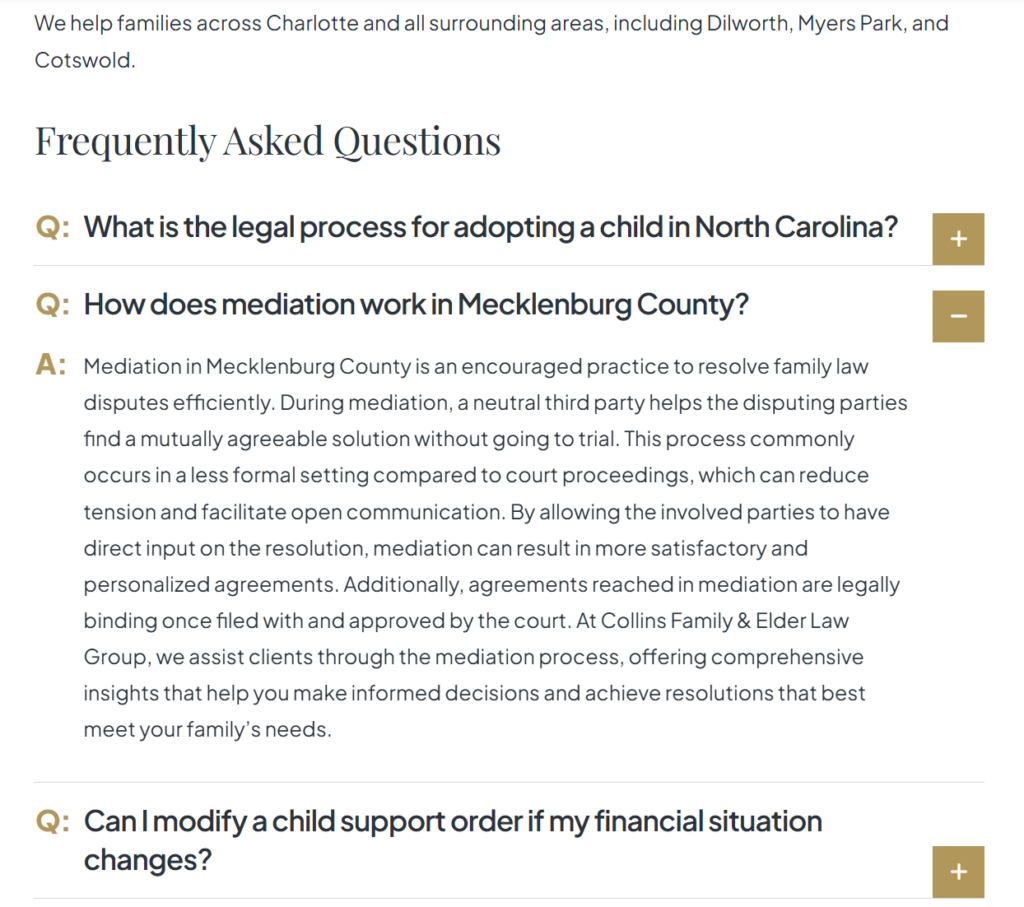 An example of an expand/collapse FAQ section on a law firm website.