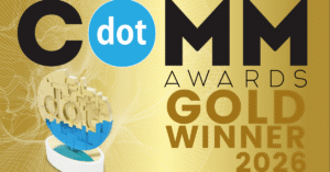 COMM Awards Gold Winner 2026 with a dot-shaped trophy shown on a gold background.