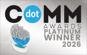 COMM Awards Platinum Winner 2026 with a dot-shaped trophy on the left side of the image.
