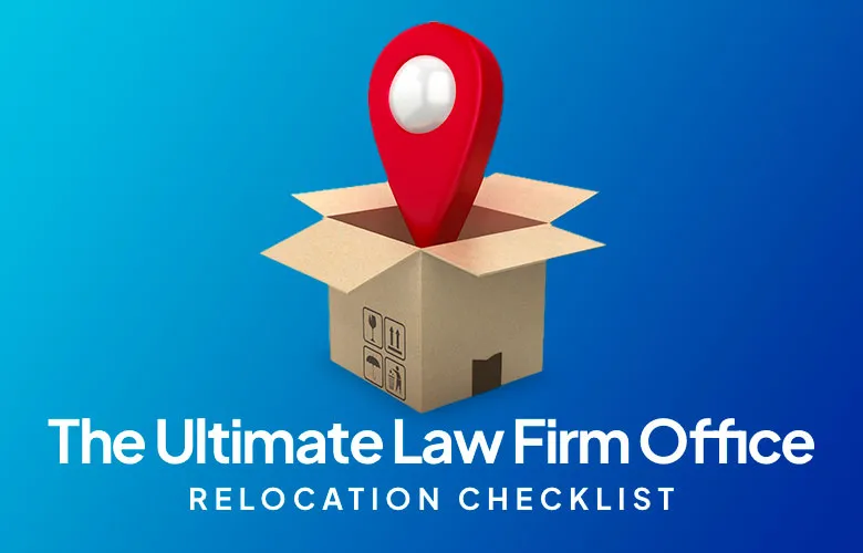 A red map pin in a cardboard box above text: The Ultimate Law Firm Office Relocation Checklist.