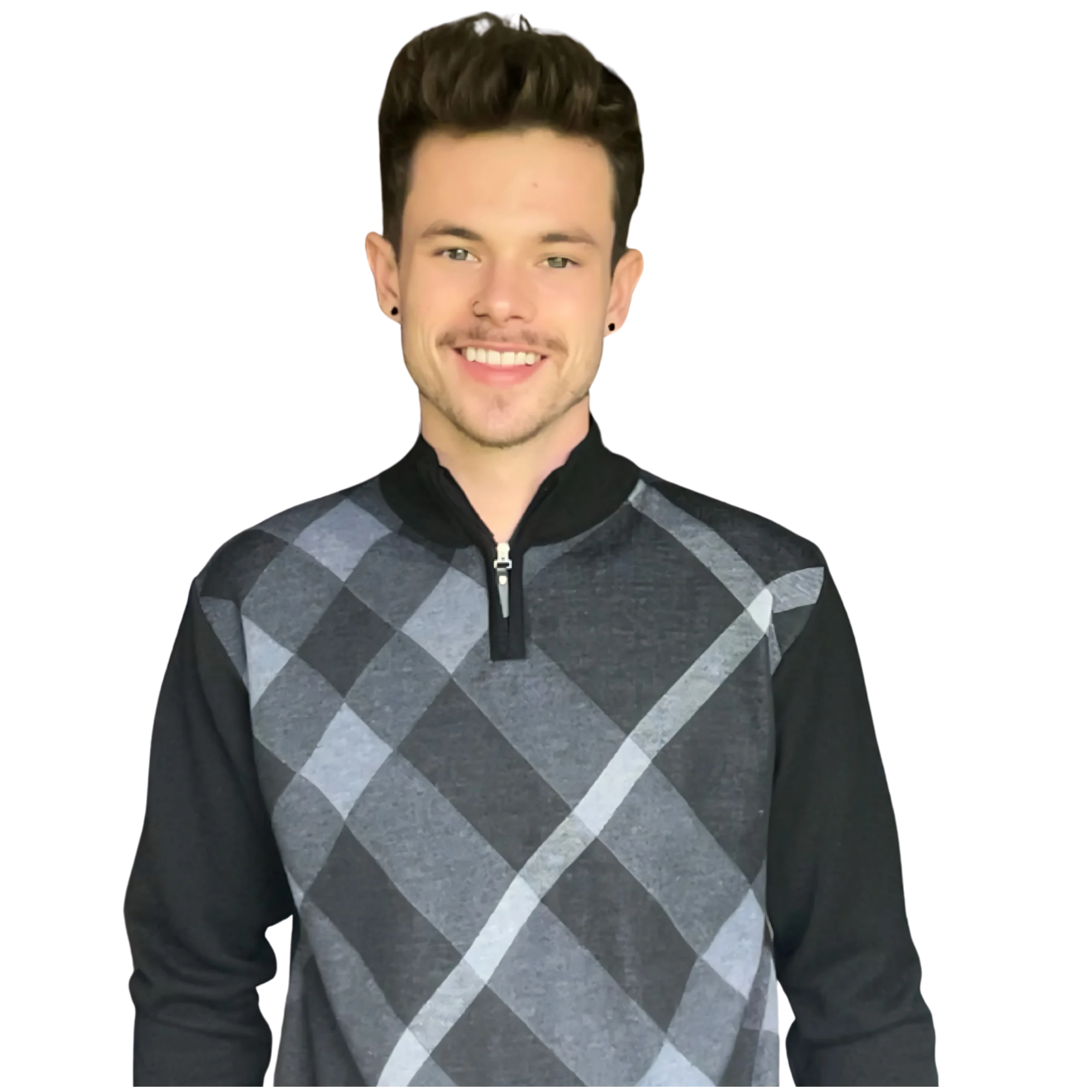 Smiling person wearing a black and gray argyle sweater, standing against a white background.