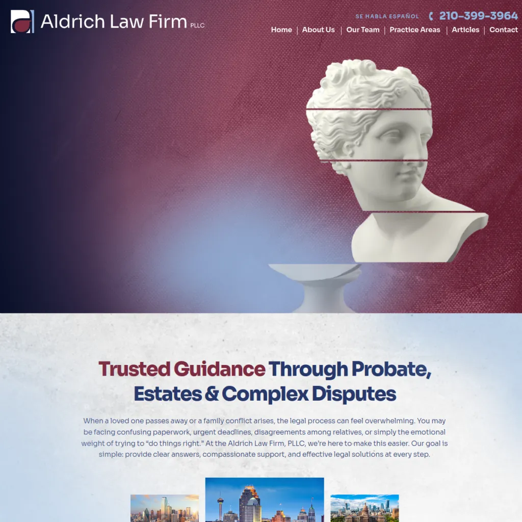 A marble bust with a red line through it, above Aldrich Law Firm’s name and contact information.