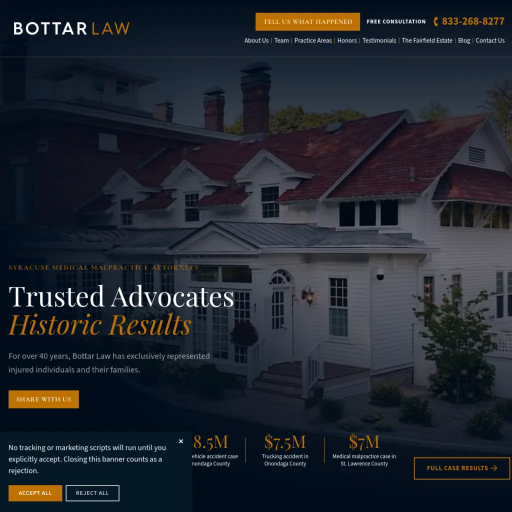 A white house with a front porch and columns, representing a law firm’s medical malpractice website.