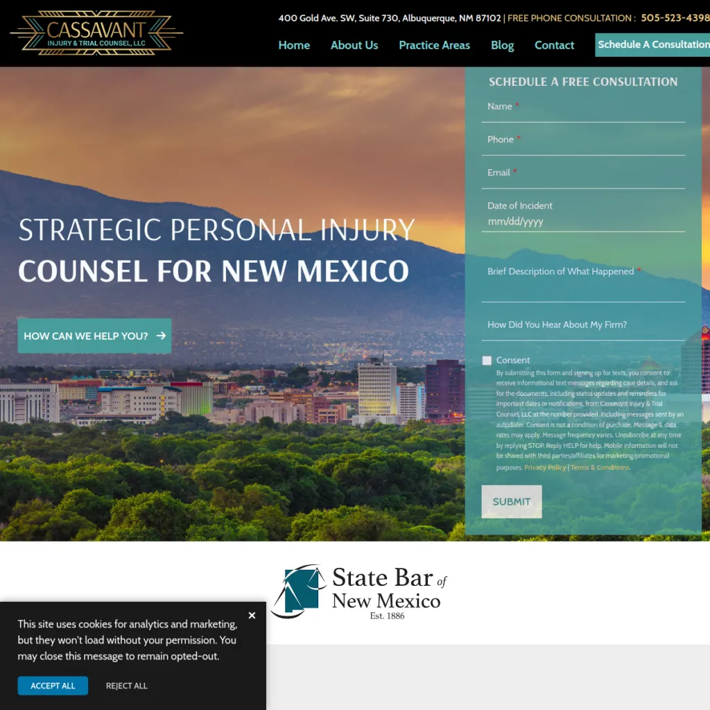 Albuquerque cityscape with a law firm’s website info and a State Bar of New Mexico logo displayed.