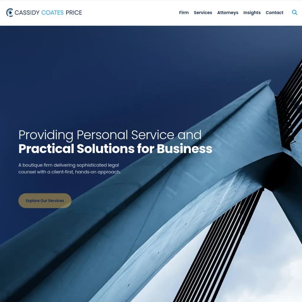 Modern bridge structure set against a blue sky, with law firm website text overlayed.