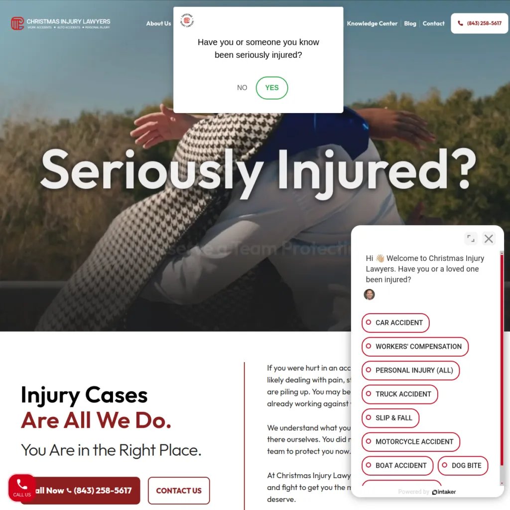 Two people sit outdoors; popups ask about serious injury and list types of injury cases handled.