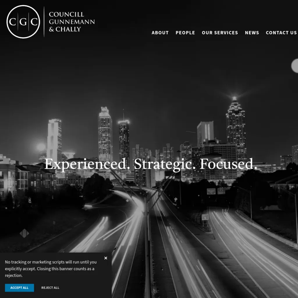 Nighttime city skyline with light trails from cars on a highway; CGC firm logo and menu visible.