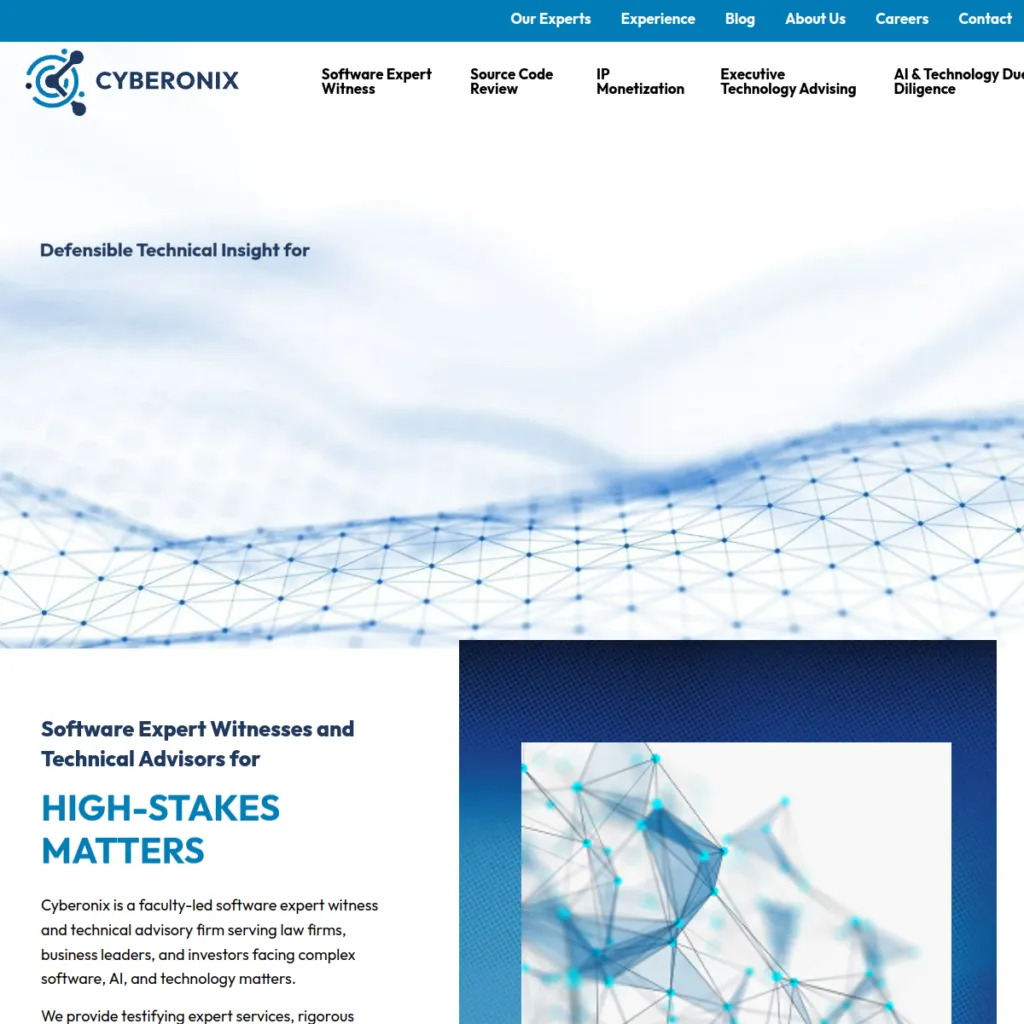Cyberonix homepage featuring tech-inspired graphics and a section on software expert witnesses.