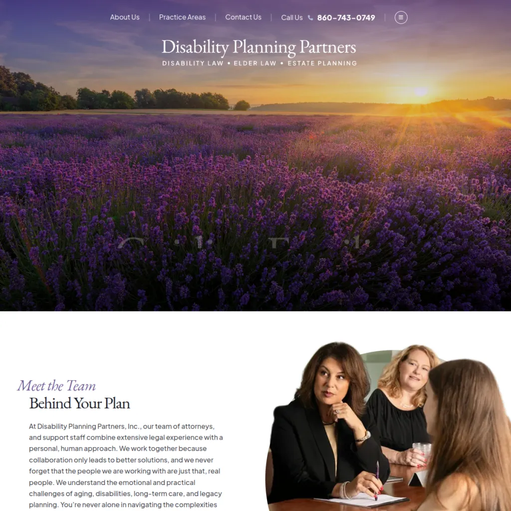 A lavender field at sunset above a photo of three women talking at a table with documents.