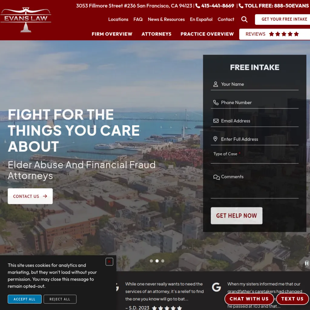 Law firm website with a free intake form, contact info, and a cityscape background image.