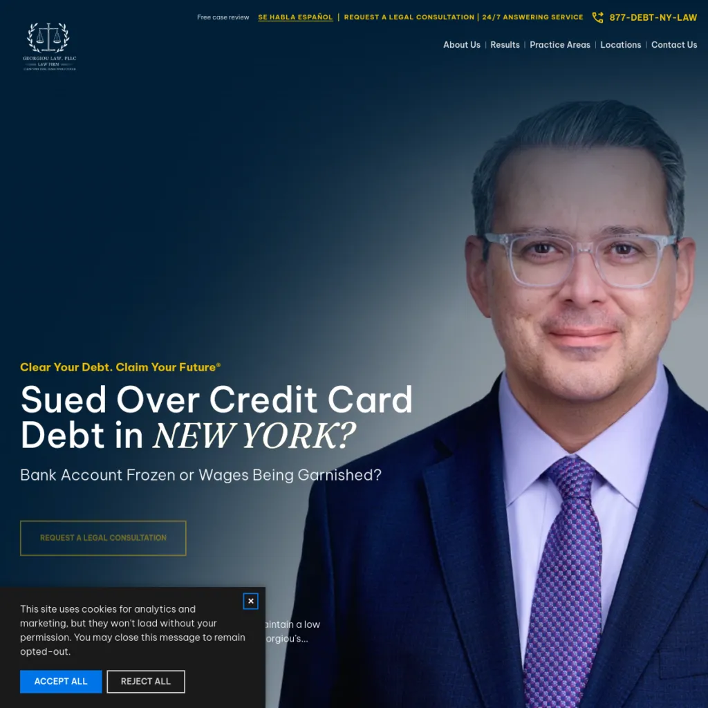 Man in suit and glasses stands next to text about credit card debt legal consultation in New York.