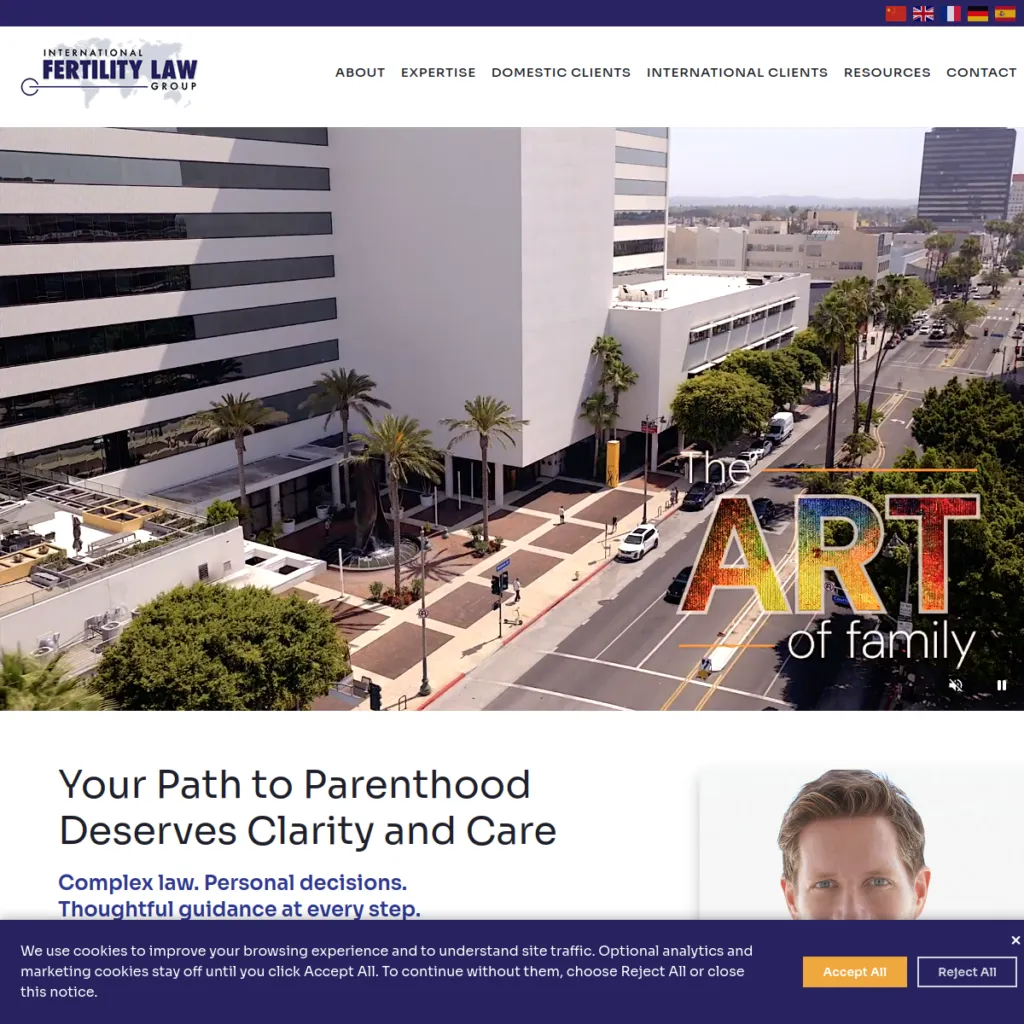 Aerial view of city street and office buildings, with text about fertility law services.