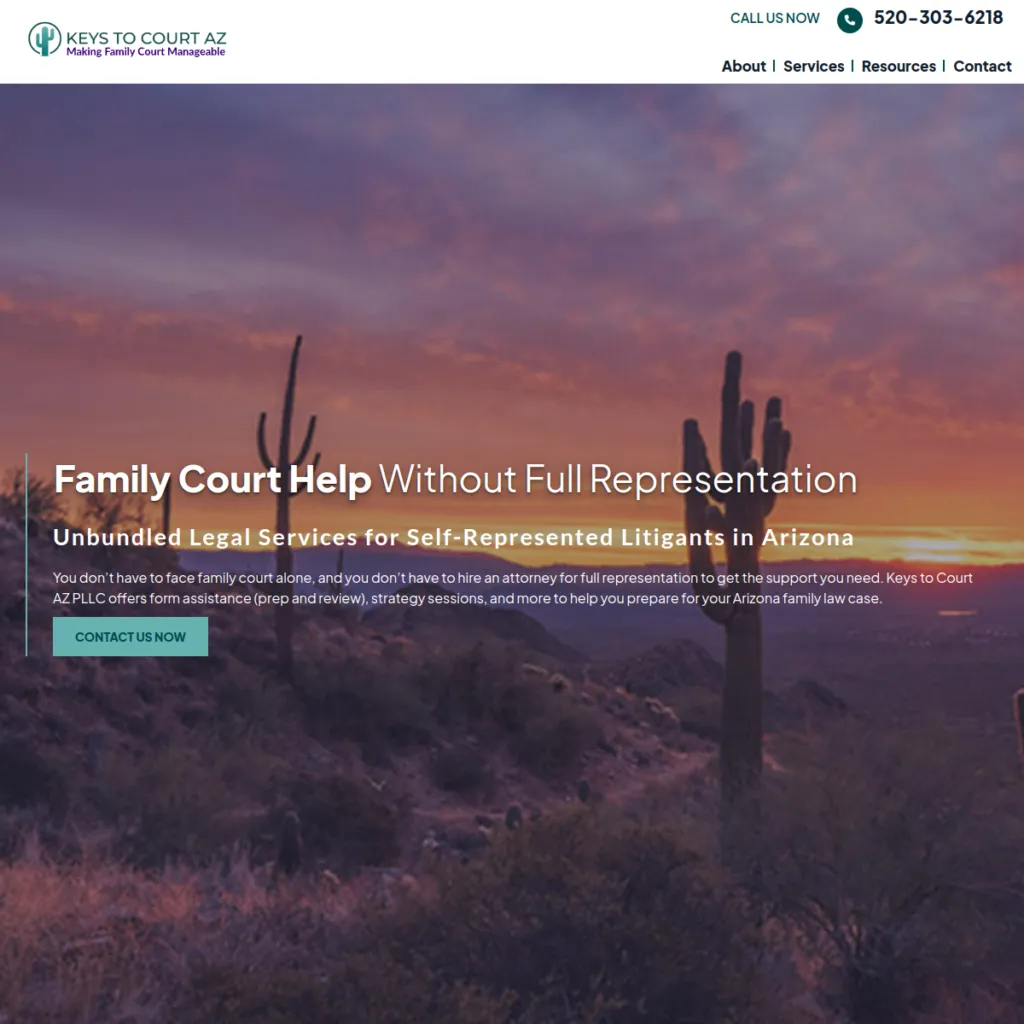Desert landscape at sunset with text offering family court legal services in Arizona.