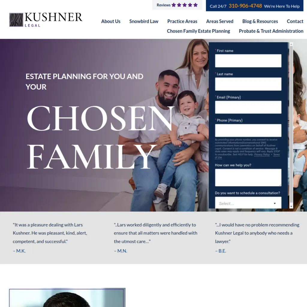 A smiling family sits together beside an estate planning contact form for Kushner Legal.