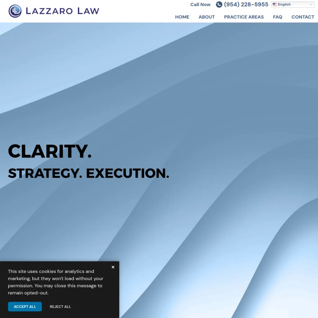 Lazzaro Law website with blue abstract background and text: “Clarity. Strategy. Execution.”.