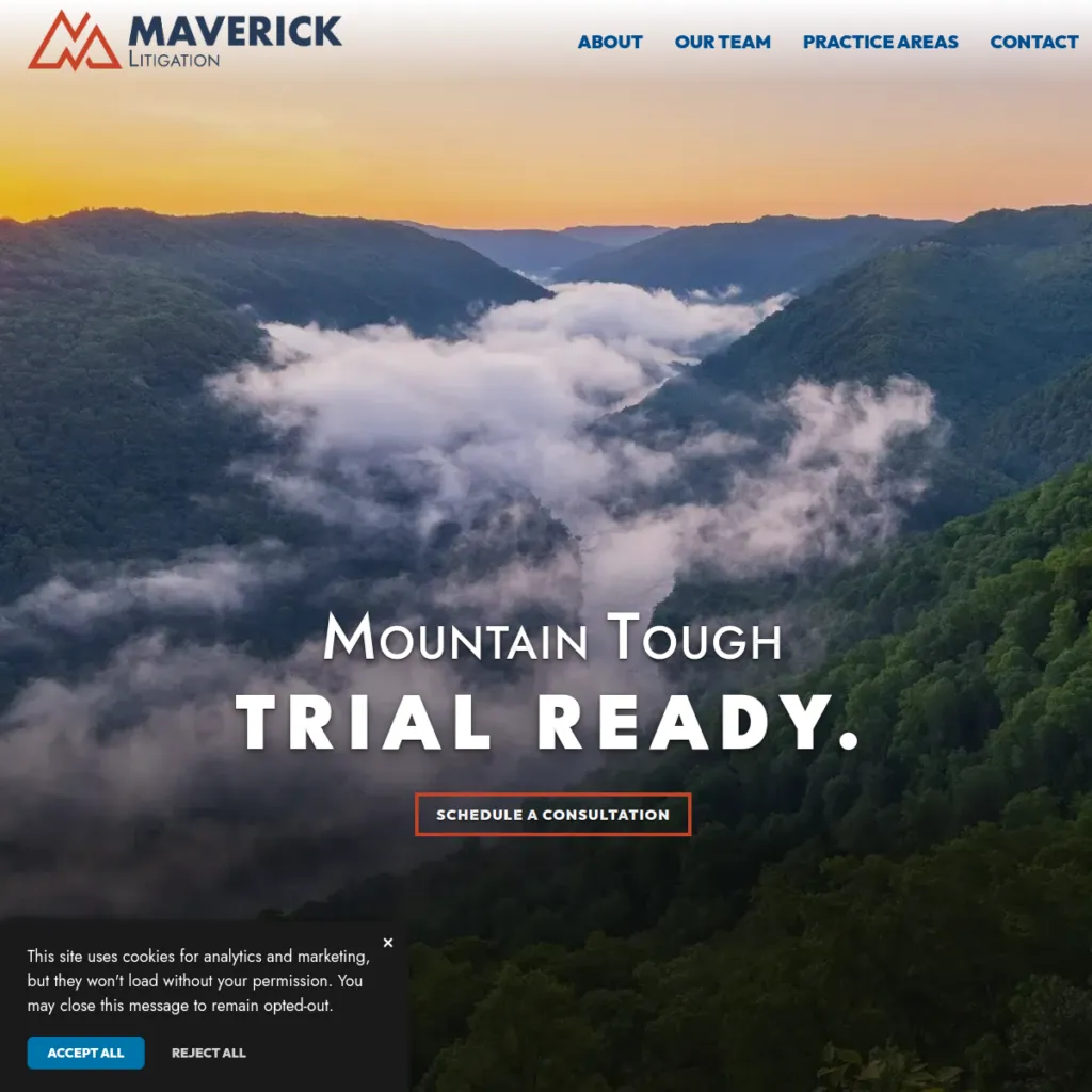 Mountain landscape at sunrise with fog in the valley; Maverick Litigation website overlayed.