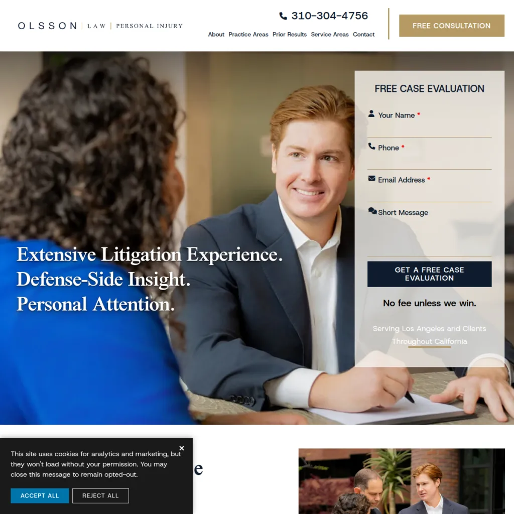 Man in suit speaking with a woman; legal consultation setting with evaluation form displayed.