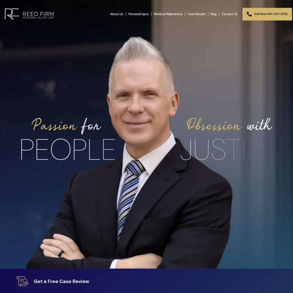 Smiling man in a suit stands with arms crossed in front of a law firm’s website homepage.