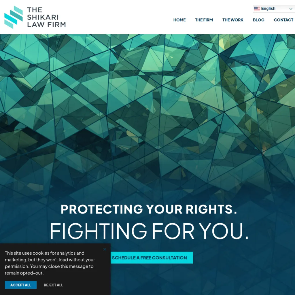 Website homepage for The Shikari Law Firm with slogan and cookie consent popup visible.
