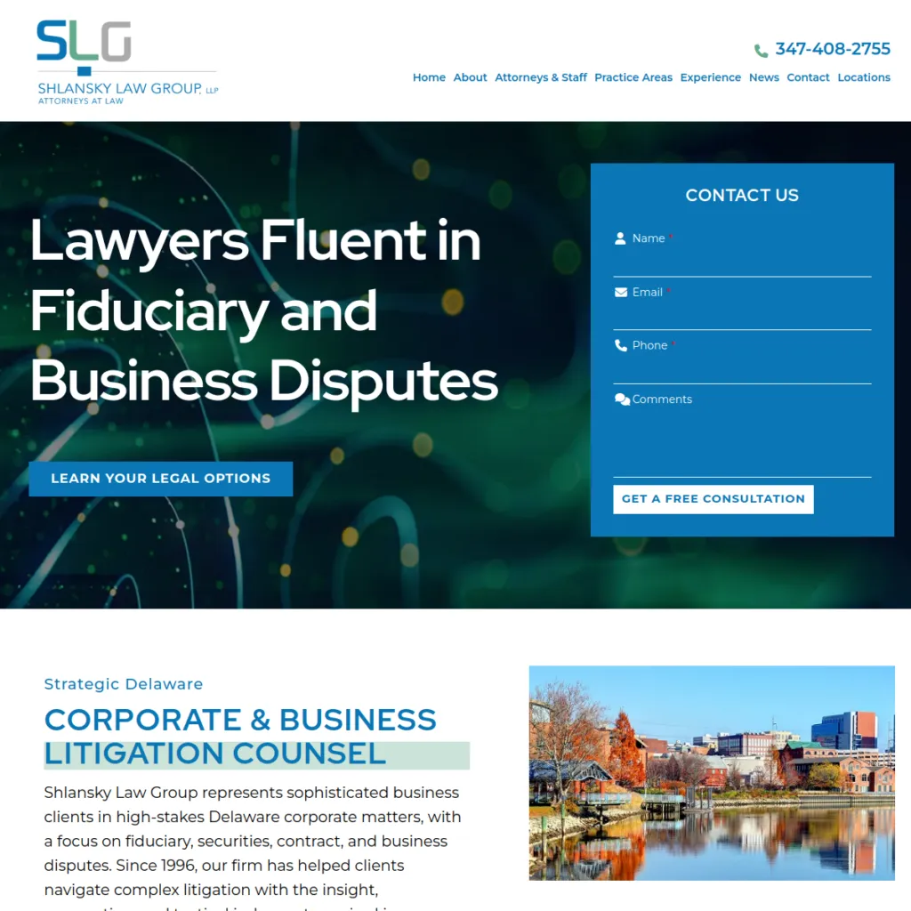 Law firm website homepage with contact form, business description, and consultation button.