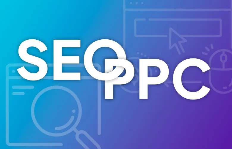 SEO and PPC text over blue and purple background with search and mouse icons.