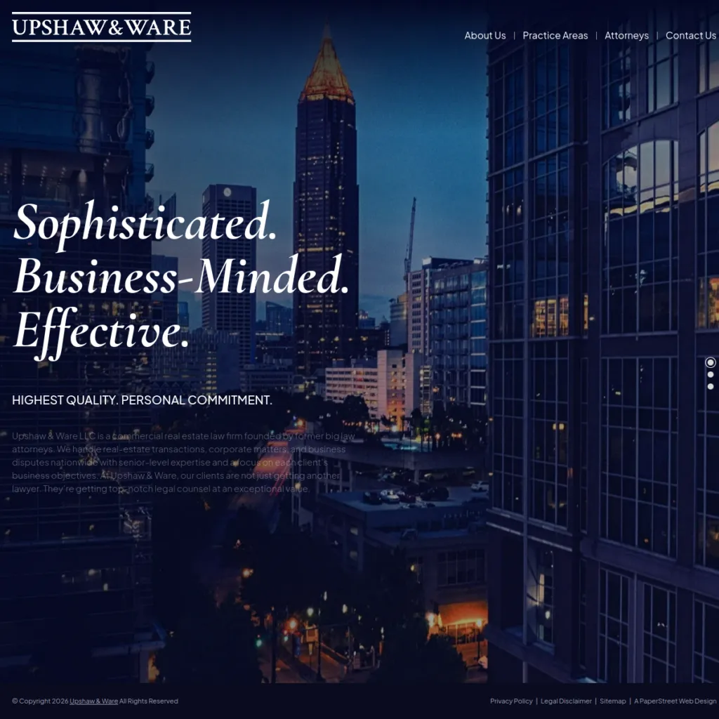Night cityscape background with Upshaw & Ware law firm website text overlay.