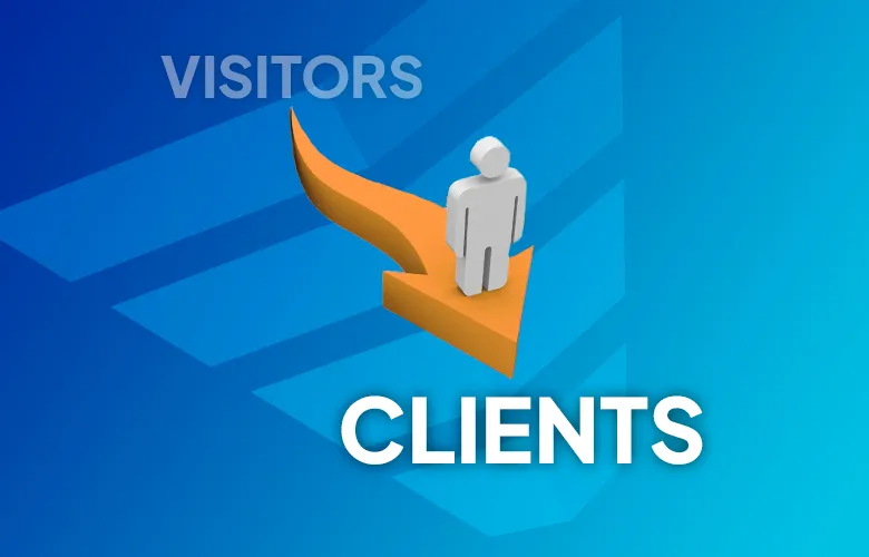 Graphic with figure on orange arrow pointing from “VISITORS” to “CLIENTS” on blue background.