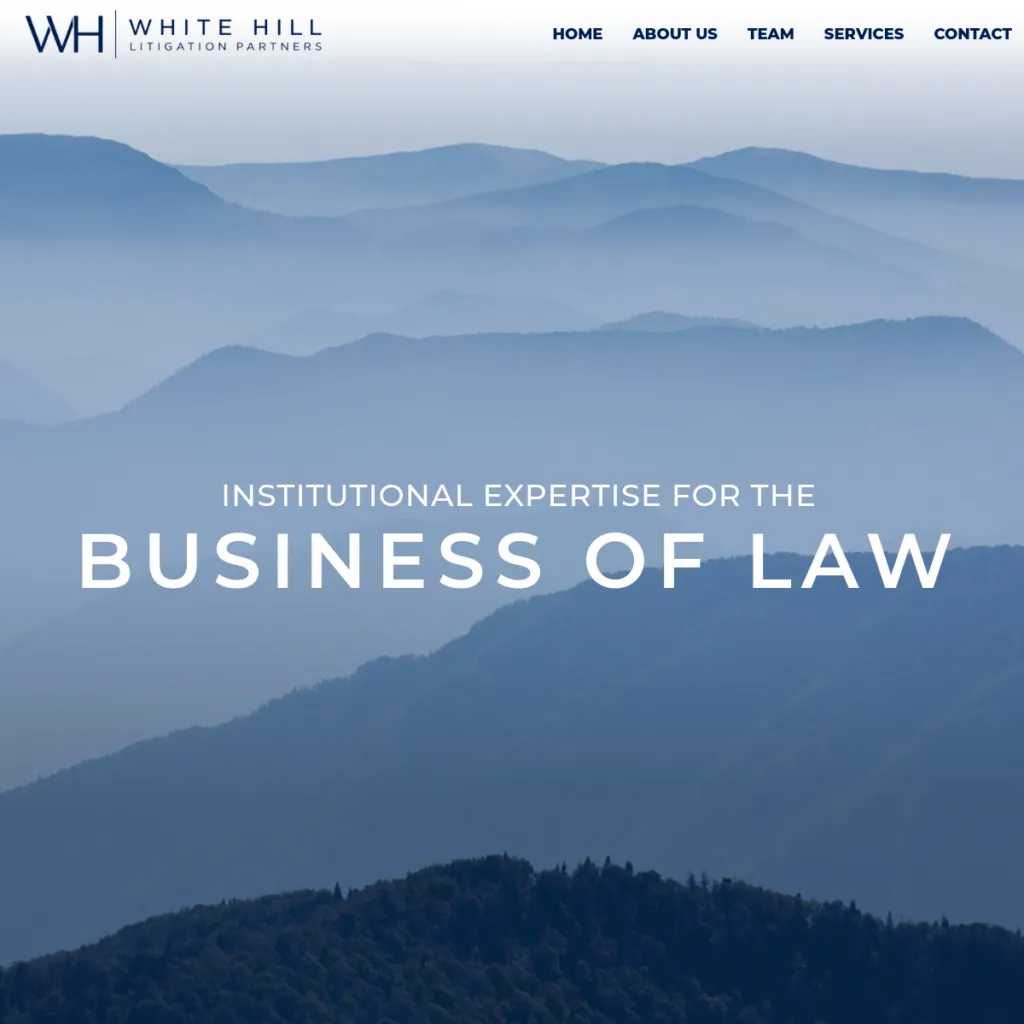 Blue mountain ranges with the text “Business of Law” and White Hill Litigation Partners branding.