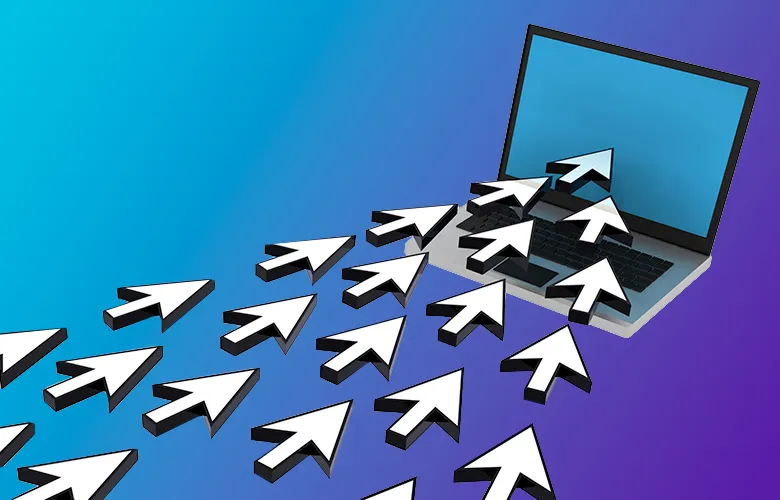 Many computer cursor arrows are pointing toward and entering a laptop screen.