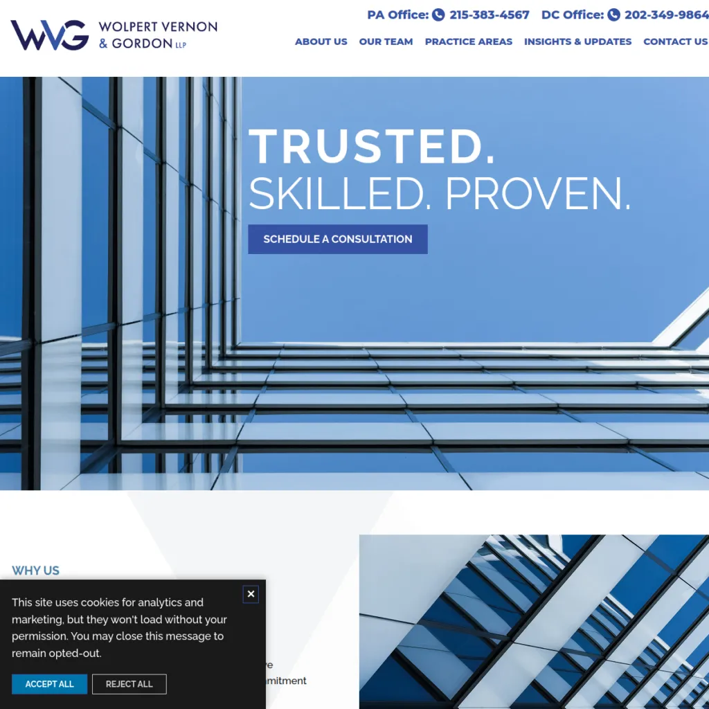 Modern law firm website with glass building, blue tones, and consultation prompt visible.