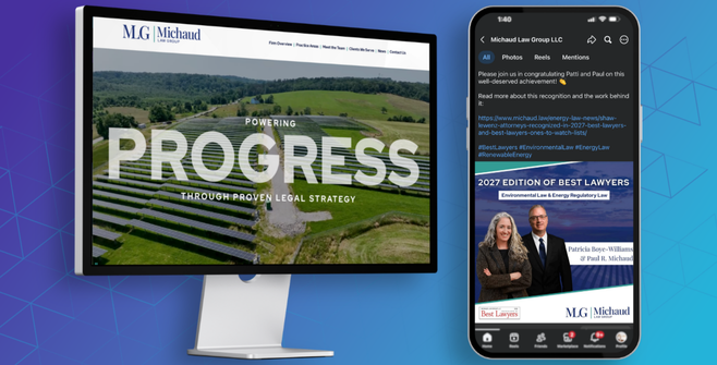 A computer and phone display a law firm’s website and LinkedIn post about award recognition.